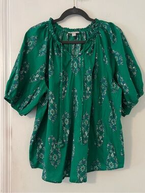 Green cotton Paisley Peasant Top - Women size XXL (L125)